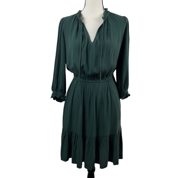 Knox Rose Women's Dress XS Green Tie Neck Tiered 3/4 Sleeve Boho Knee Length - Picture 1 of 11